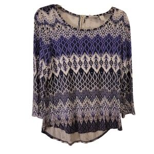 Chicos Womens Top Size 1 Purple Geometric Print Long Sleeve Zipper Back Blouse